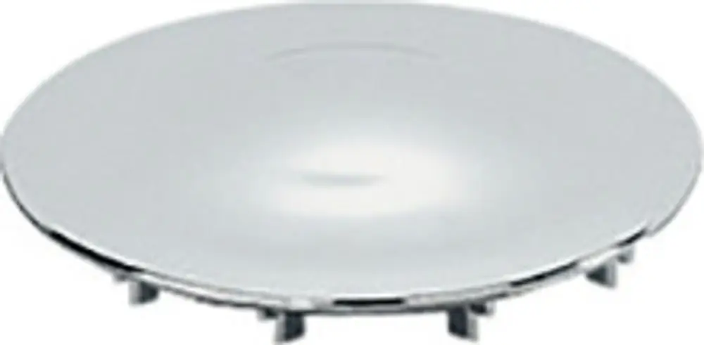 Dallmer Abdeckhaube in rundem Design, aus verchromtem Kunststoff, mit flacher Oberfläche und mehreren Befestigungsnasen auf der Unterseite.