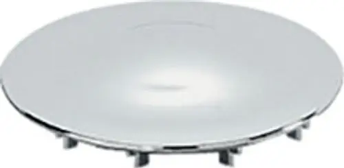 Dallmer Abdeckhaube in rundem Design, aus verchromtem Kunststoff, mit flacher Oberfläche und mehreren Befestigungsnasen auf der Unterseite.