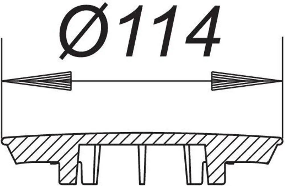 Dallmer Abdeckhaube aus Kunststoff mit verchromter Oberfläche, zeigt ein technisches Diagramm und eine Abmessung in Millimetern, Ø 114.