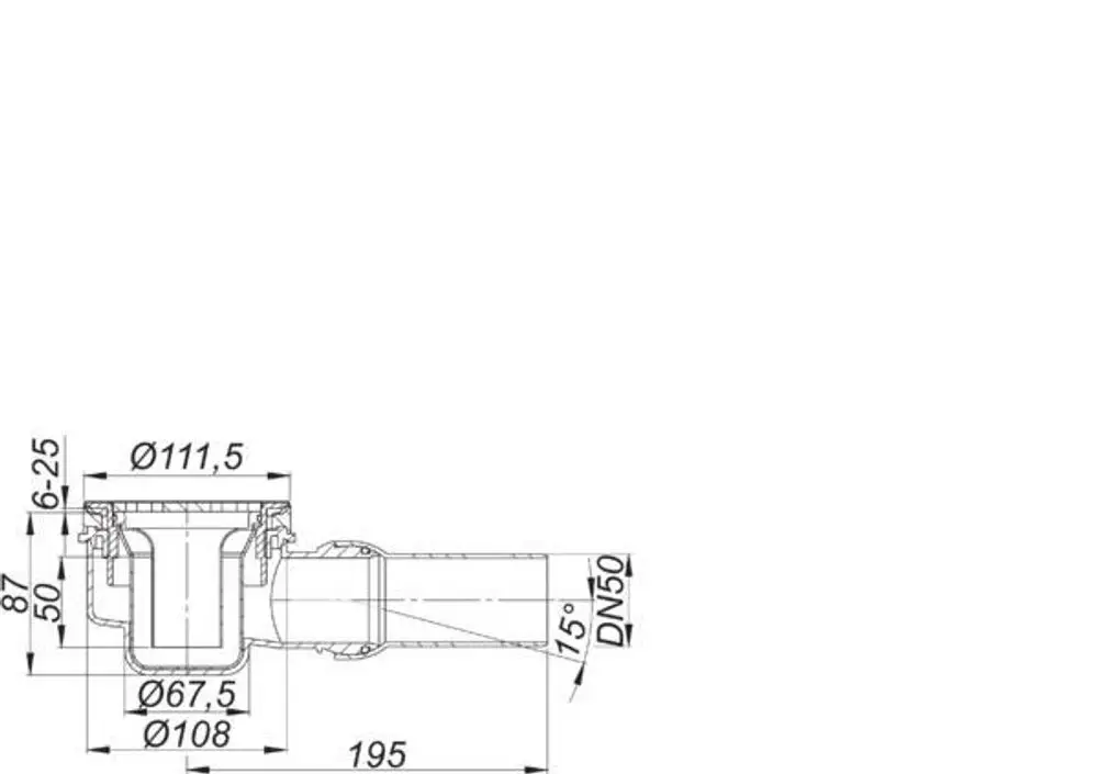 Dallmer Duschwannenablauf im Schnitt mit verschiedenen Durchmessern und einem 15°-Winkel. Die Konstruktionsdetails sind schematisch dargestellt.