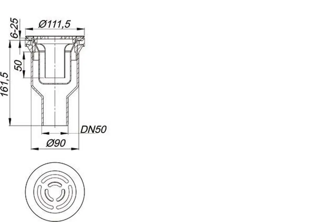 Sichtbares Produktdesign eines Duschwannenablaufs von Dallmer mit runder, strukturierter Abdeckung und rechteckigem Ablaufkörper. Maße und Details sind schematisch dargestellt.