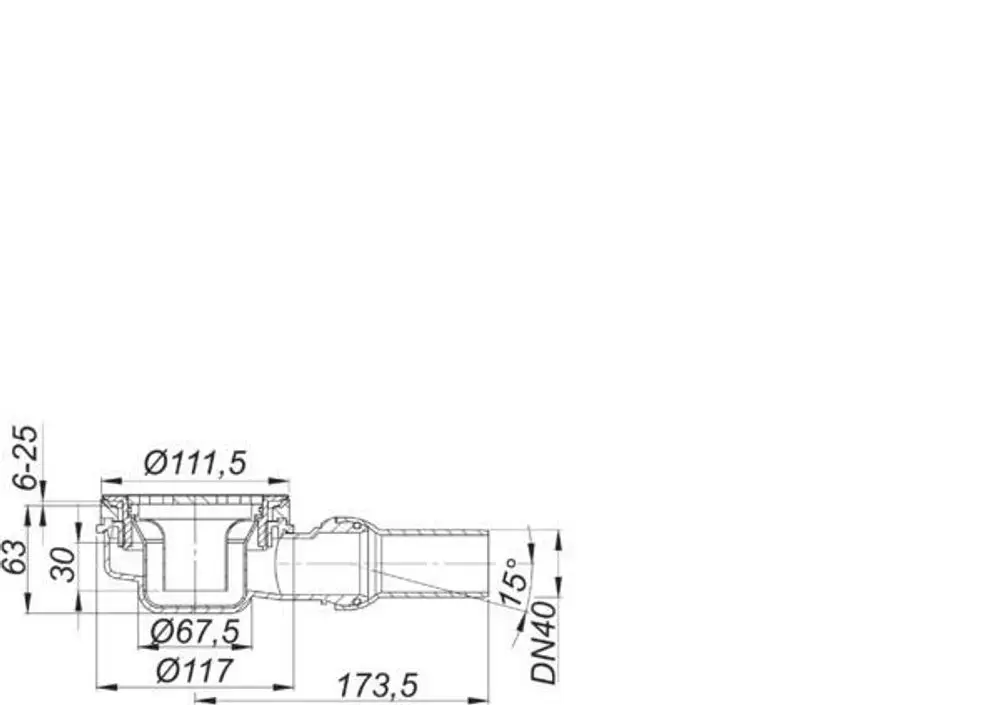 Dallmer Duschwannenablauf mit Edelstahl-Oberfläche, auf der Zeichnung sind Maße und Anschlussdetails zu sehen, darunter eine Verbindung für DN 40.