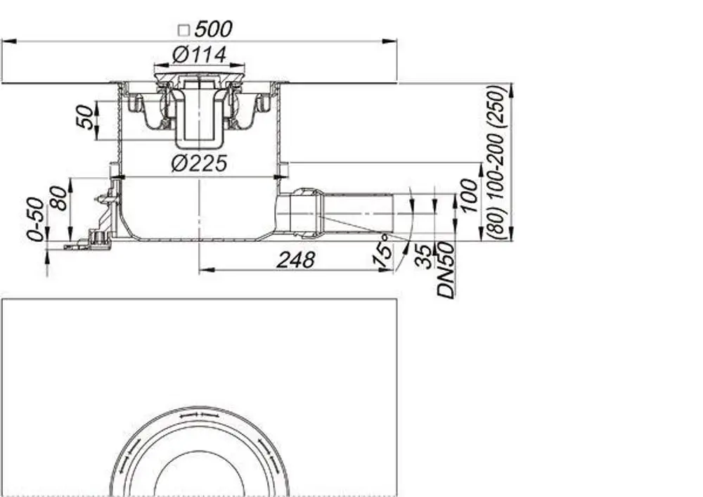 Dallmer Duschwannenablauf mit schematischem Querschnitt, zeigt Anschlussmöglichkeiten, Maße und Funktionselemente. Diagramm enthält technische Details und Dimensionen.