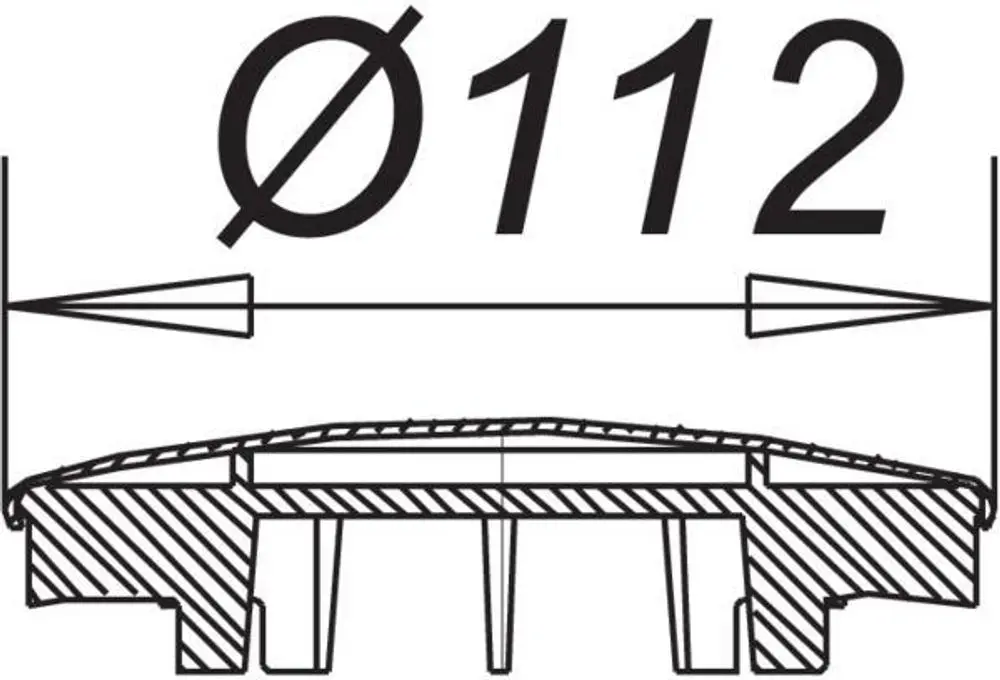 Schematische Darstellung einer Dallmer Abdeckhaube mit einem Durchmesser von 112 mm, inkl. Schnittansicht und den Befestigungspunkten.