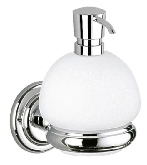 Keuco Lotionspender mit Halterung aus verchromtem Metall und apfelförmigem Opalglas, an der Wand montierbar.