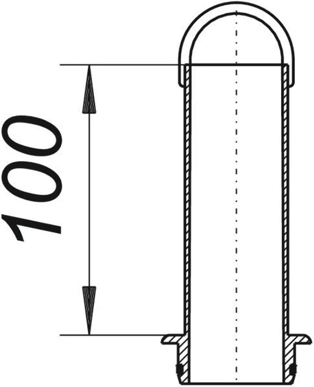 Glasrohr von Dallmer mit einer runden Form und Verbindungselement am oberen Ende. Das Rohr ist durchgehend und hat eine solide Basis.