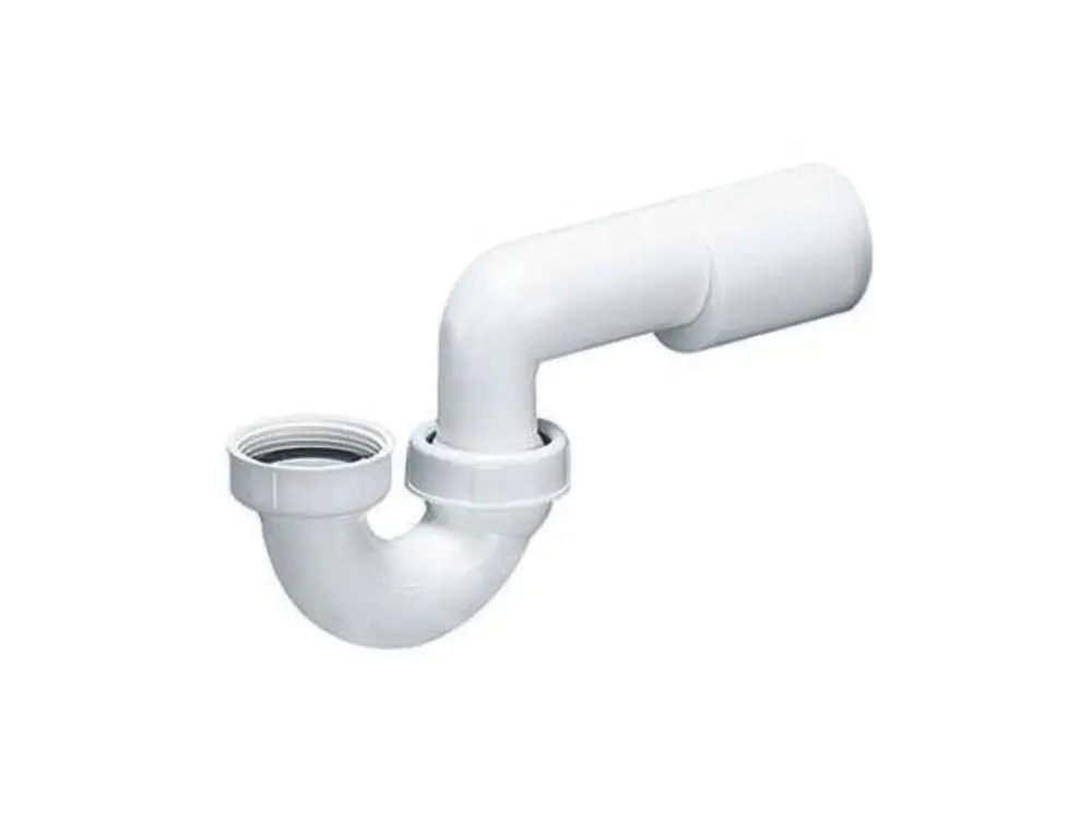 Dallmer Siphon mit gebogenem Rohr und Anschluss für Abflüsse, in weißer Kunststoffausführung. Geeignet für Dusch- und Badewanneninstallation.