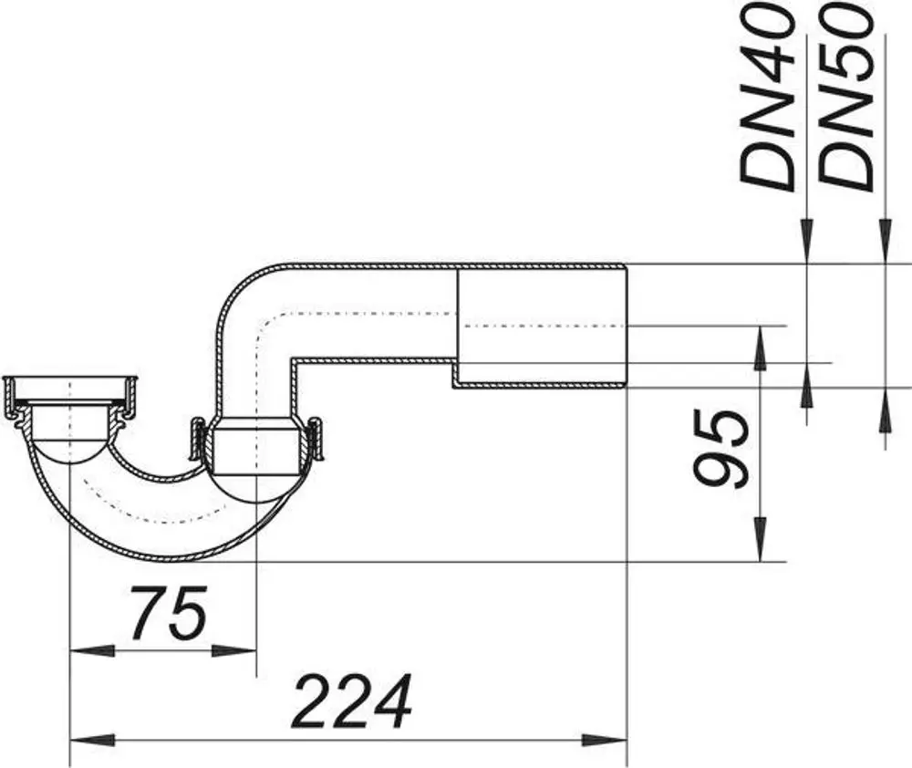 Siphon von Dallmer für Dusche oder Badewanne, mit gebogenem Design und Anschlüssen in verschiedenen Größen, siehe technische Zeichnung mit Abmessungen.