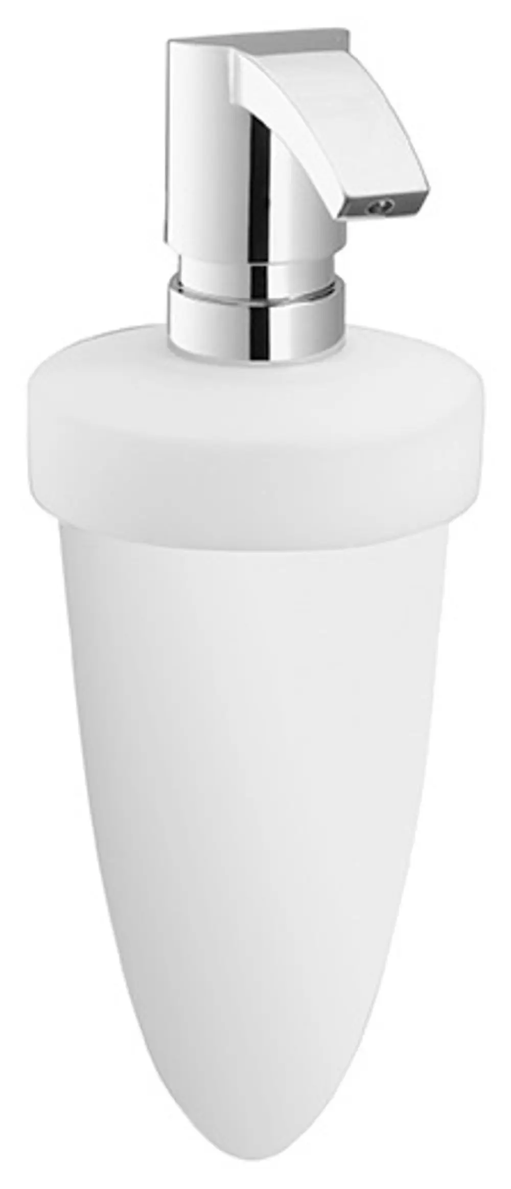 Seifenspender in opak-mattiertem Kunststoff mit verchromter Pumpe von Keuco. Simplistisches Design, geeignet für moderne Badezimmer.