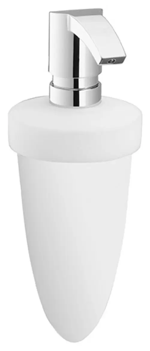 Seifenspender in opak-mattiertem Kunststoff mit verchromter Pumpe von Keuco. Simplistisches Design, geeignet für moderne Badezimmer.