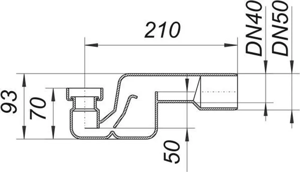 Dallmer Siphon mit gebogenem Design, mit Maßlinien und Anschlüssen für DN 40 und DN 50. Zeigt die vertikalen und horizontalen Dimensionen.