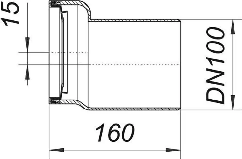 Weißer Dallmer Exzenteranschluss-Stutzen mit einem Durchmesser und Anschlussmaß von DN 100, zeichnend dargestellt mit Längenangabe von 160 mm und weiteren Maßen.