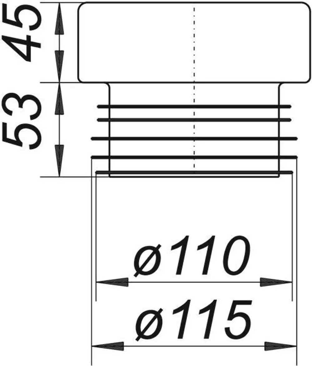 Dallmer WC-Verbinder mit einer oberen Durchmessergröße von 110 mm und einer unteren von 115 mm, mit Gesamtmaß und Anschlussoptionen in einer technischen Zeichnung dargestellt.