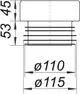 Dallmer WC-Verbinder mit einer oberen Durchmessergröße von 110 mm und einer unteren von 115 mm, mit Gesamtmaß und Anschlussoptionen in einer technischen Zeichnung dargestellt.