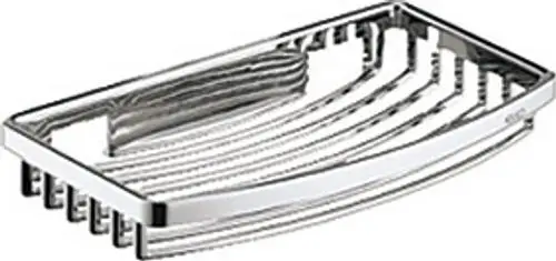 Verchromter Schwammkorb von Keuco, abnehmbar, mit geschwungenem Design und parallel angeordneten Drähten zur Ablage von Seife oder Schwämmen.