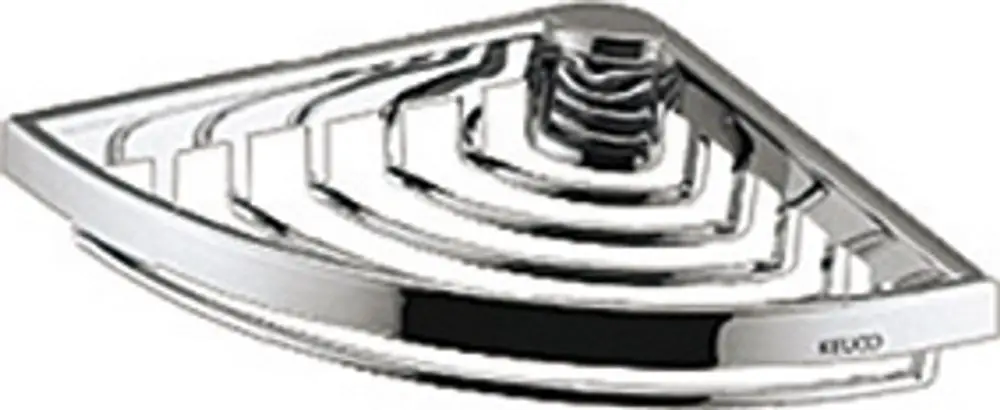 Duschablage in Form eines Eckseifenkorbs von Keuco, verchromt und abnehmbar, mit mehreren gestuften Ablageflächen.