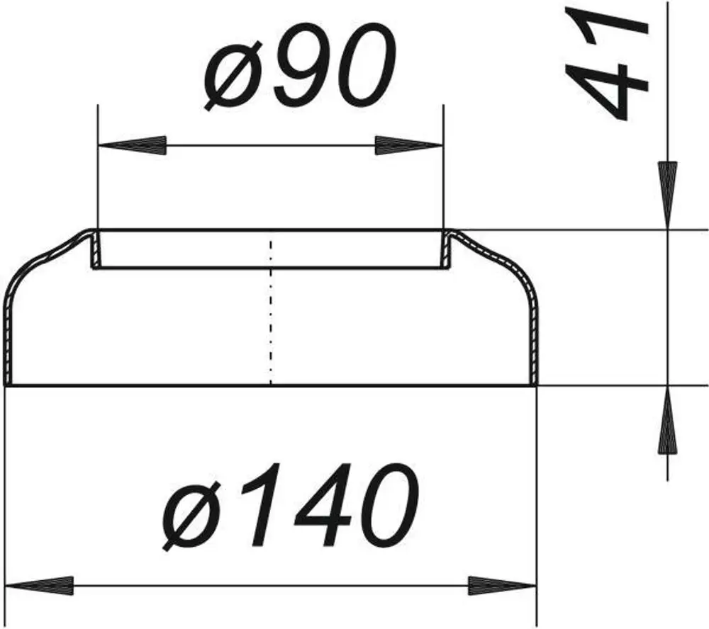 Dallmer WC-Rosette mit runder Form, sichtbare Durchmesserangaben von 90 mm und 140 mm, sowie einer Höhe von 41 mm. Technische Zeichnung ohne weitere Details.