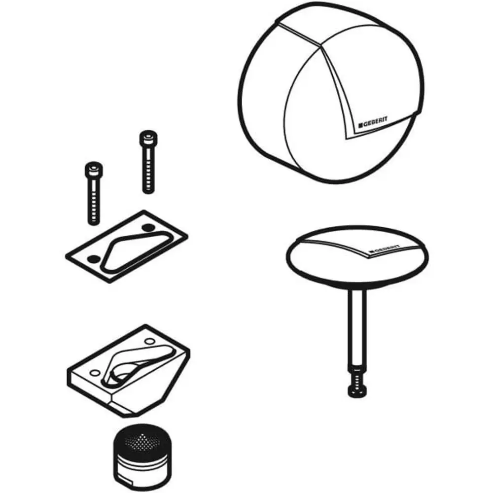 Illustration eines Geberit Badewannenablauf-Fertigbausatzes, bestehend aus verschiedenen Komponenten wie Schrauben, Platten und einem Ablaufsystem.