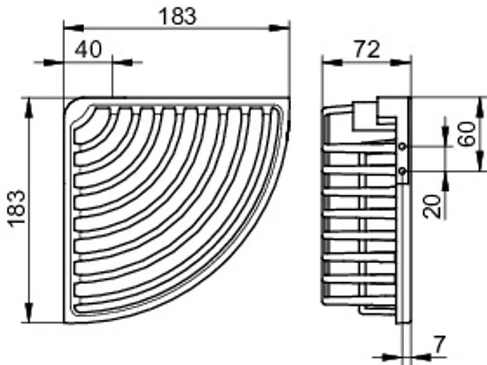 Eckschwammkorb von Keuco, halbrundes Design mit horizontalen Rillen, zur Wandmontage. Sichtbare Befestigung, verchromte Oberfläche, für Duschen oder Bäder geeignet.