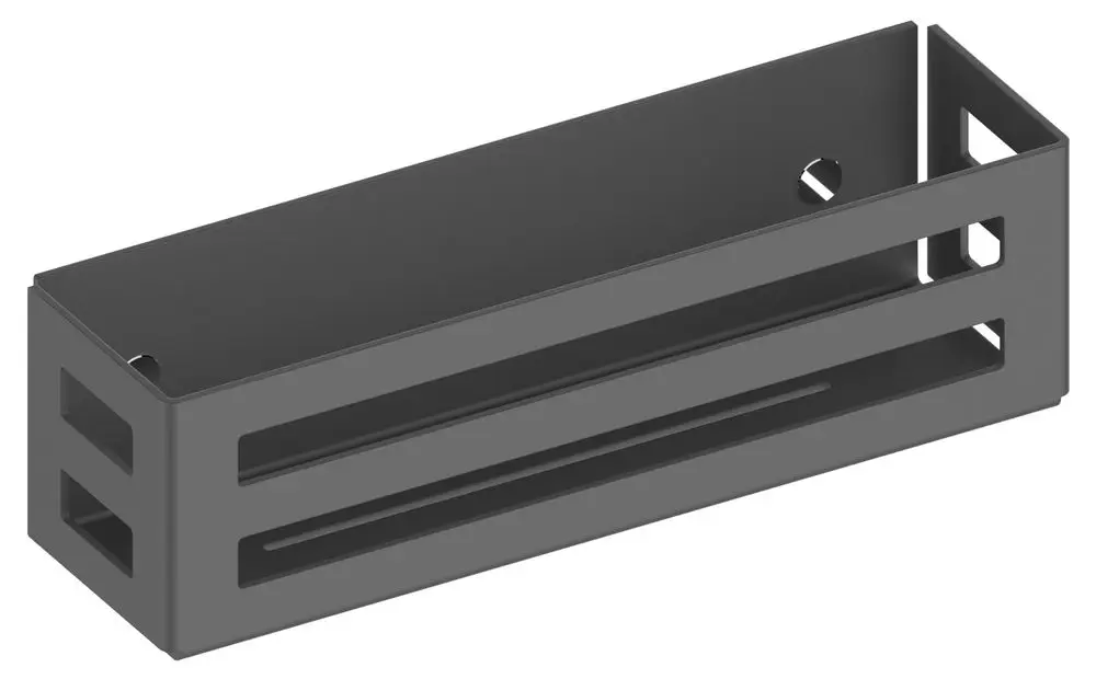 Schwarze, matte Duschablage von Keuco mit rechteckiger Form, seitlichen Öffnungen und einer hinteren Wand zur sicheren Anbringung.
