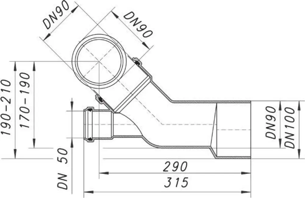 Dallmer WC-Anschluss in gerader Form mit DN 90 und DN 50/DN 100 Anschlüssen. Technische Zeichnung zeigt Dimensionen und Anschlussarten.