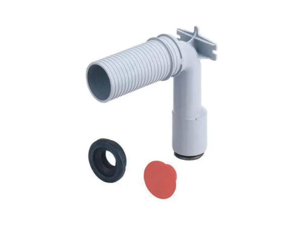 Siphonwinkel von Dallmer in grauer Farbe mit einem gerillten Anschlussrohr und Dichtungsringen. Flexibles Design für Abflussanwendungen.