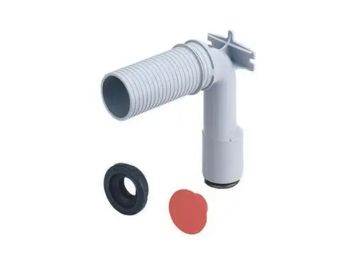 Siphonwinkel von Dallmer in grauer Farbe mit einem gerillten Anschlussrohr und Dichtungsringen. Flexibles Design für Abflussanwendungen.