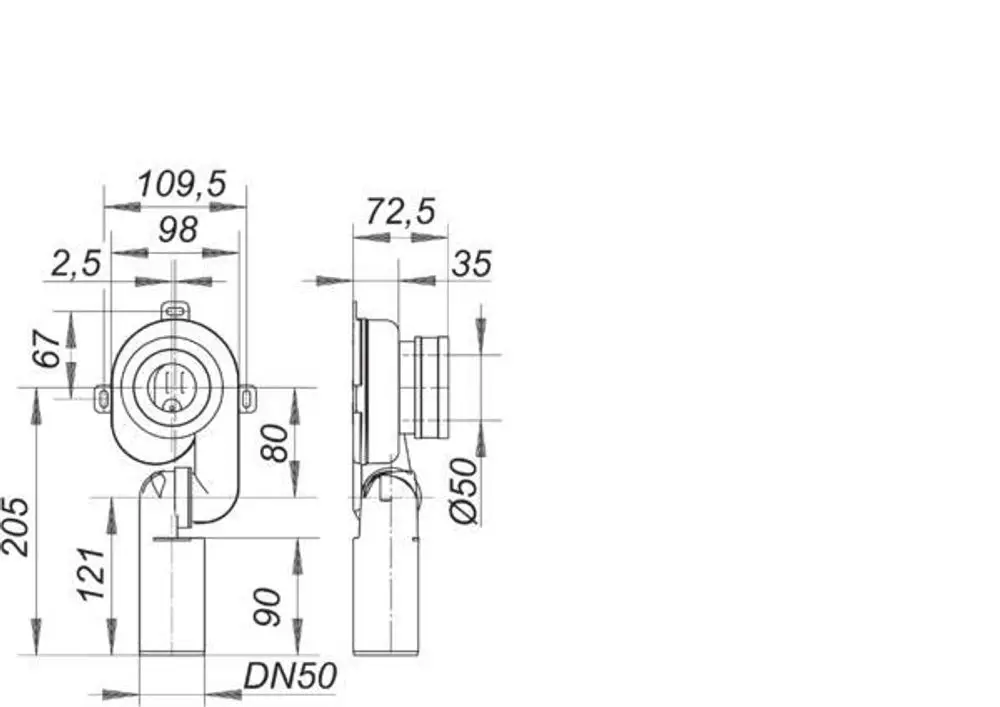 Dallmer Urinal-Absaug-Siphon, dargestellt in Seitenansicht. Technische Zeichnung mit Maßen, einschließlich einer Durchmesserangabe von DN 50.