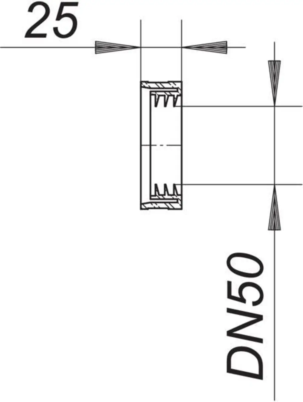 Dallmer Dichtungselement in schematischer Darstellung, mit klaren Maßlinien und Bezeichnung DN50, zeigt die Struktur und Anordnung der Komponenten.