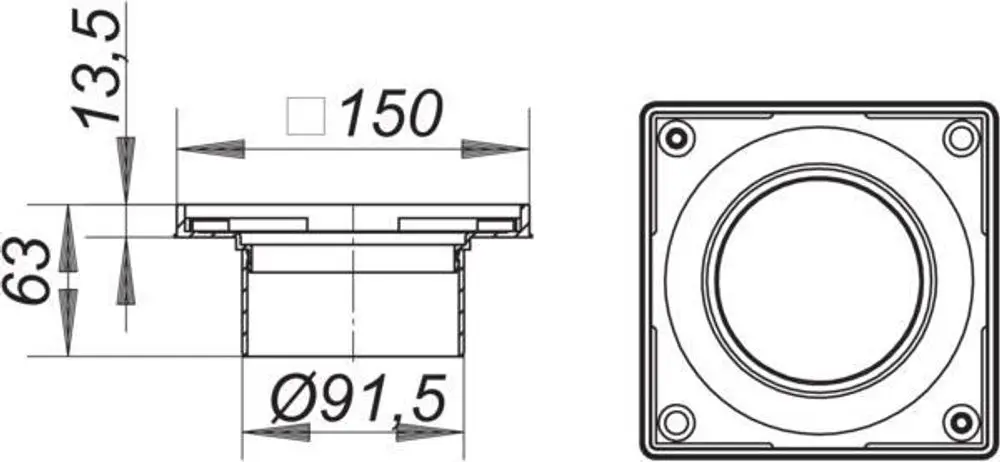 Dallmer Aufsatzrahmen mit quadratischer Form und runder Öffnung, dargestellt in technischen Zeichnungen mit Maßangaben zur Installation.