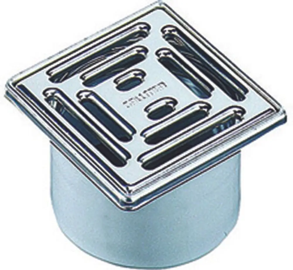 Rundes Ablaufsystem von Dallmer mit quadratischem Gitter. Das Produkt dient zur Abdeckung eines Abflusses in Badezimmern oder anderen Nassbereichen.