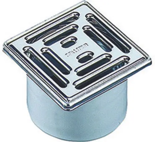 Rundes Ablaufsystem von Dallmer mit quadratischem Gitter. Das Produkt dient zur Abdeckung eines Abflusses in Badezimmern oder anderen Nassbereichen.