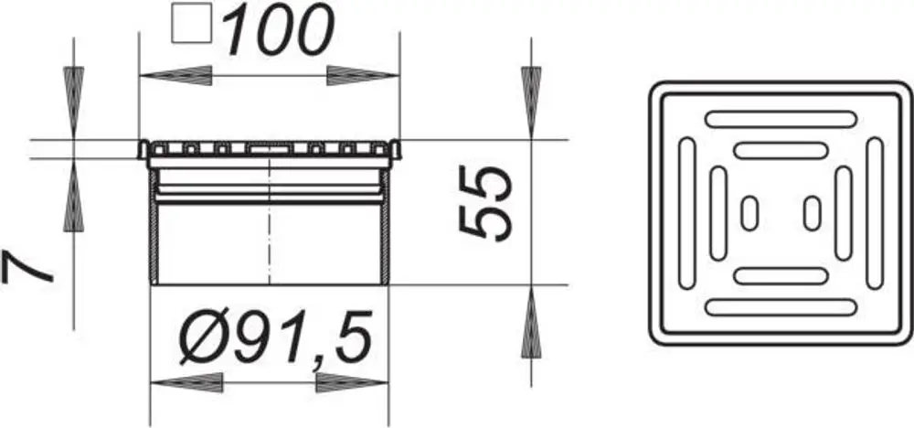Technisches Zeichnungsdiagramm eines quadratischen Aufsatzes von Dallmer mit Maßen, die die Form und Struktur des Produkts zeigen.