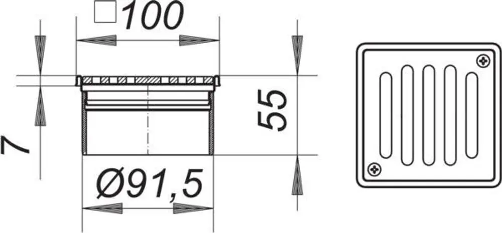 Dallmer Rost mit quadratischem Design, verschraubt, mit sichtbaren Rillen und integrierten Schraublöchern, geeignet für Abflussanwendungen.