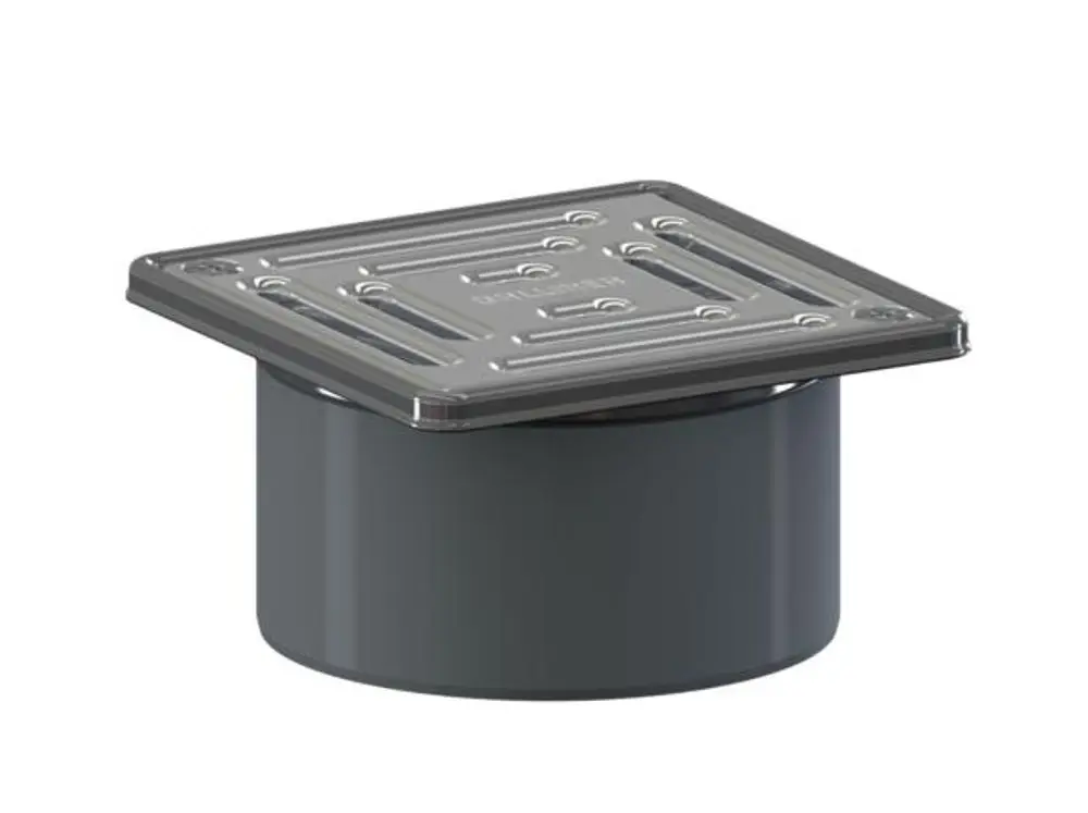 Dallmer Abdeckung mit quadratischem Rost und verschraubtem Design, auf einem zylindrischen Körper. Ideal für die Abdeckung von Entwässerungsöffnungen.