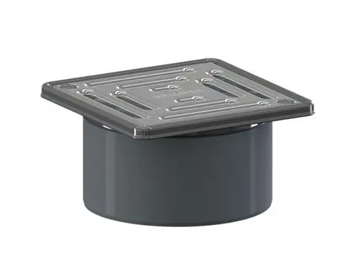 Dallmer Abdeckung mit quadratischem Rost und verschraubtem Design, auf einem zylindrischen Körper. Ideal für die Abdeckung von Entwässerungsöffnungen.
