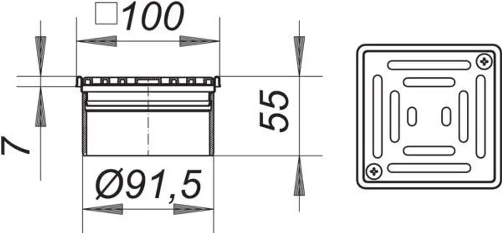 Dallmer Produkt mit quadratischem, flachem Montagerahmen, mit der Oberfläche und Anschlussdetails, sichtbar. Maße und weitere spezifische Details sind nicht abgebildet.