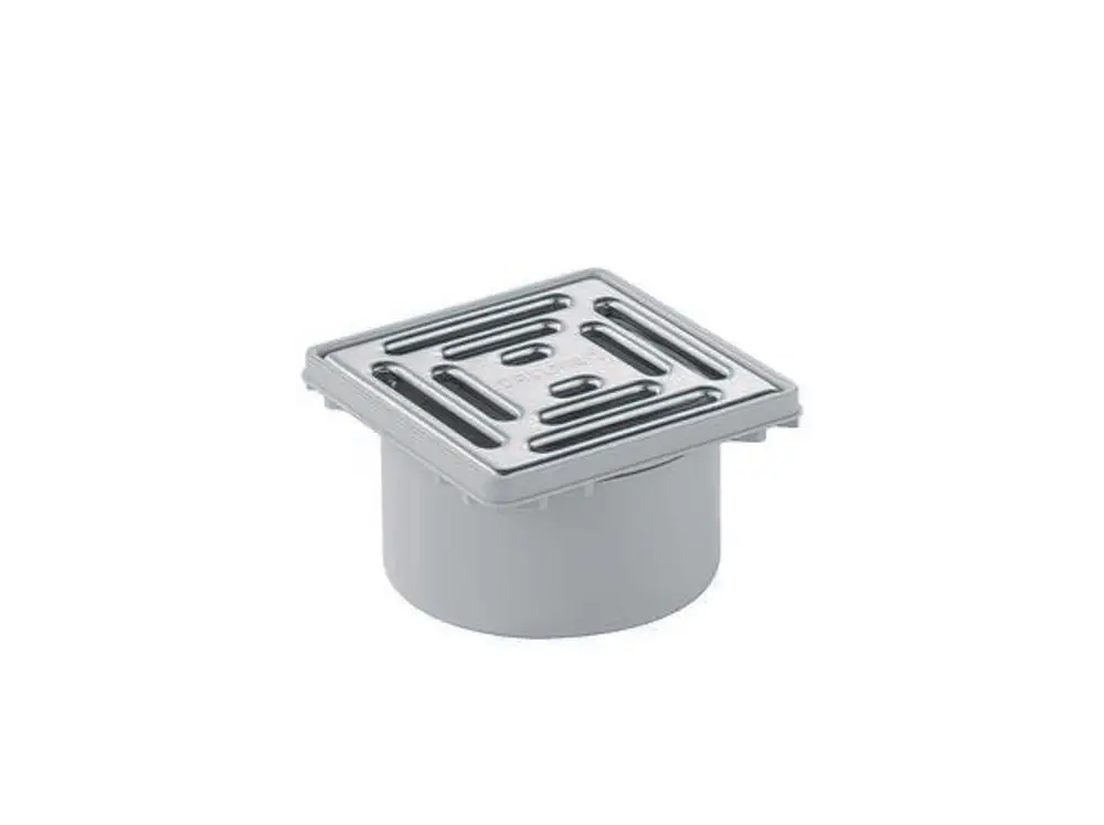 Dallmer Abflussaufsatz mit quadratischer Abdeckung und Rillenstruktur. Die Ausführung ist in neutralem Farbton gehalten und zeigt eine bündige, funktionale Form.