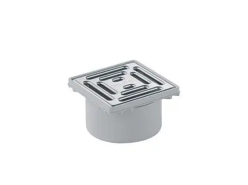 Dallmer Abflussaufsatz mit quadratischer Abdeckung und Rillenstruktur. Die Ausführung ist in neutralem Farbton gehalten und zeigt eine bündige, funktionale Form.
