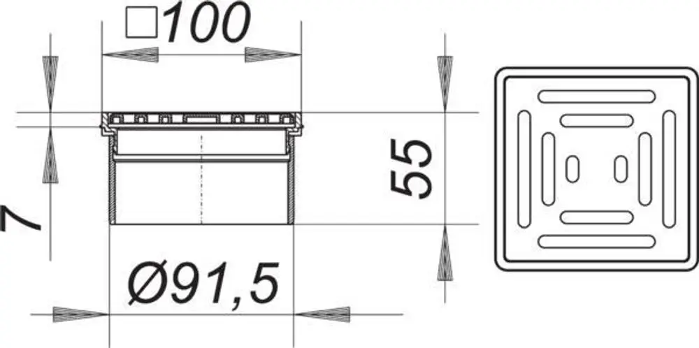 Dallmer Produkt mit quadratischer Bauform, seitlicher Ansicht, inklusive Maßangaben. Die Konstruktion zeigt eine runde Öffnung in der Mitte und eine Struktur im Inneren.