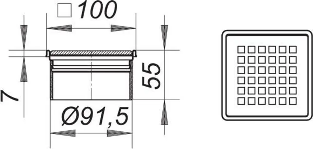 Dallmer Produktzeichnung einer quadratischen Abdeckung mit einem Durchmesser von 91,5 mm und einem äußeren Maß von 100 mm. Maße und Details sind schematisch dargestellt.