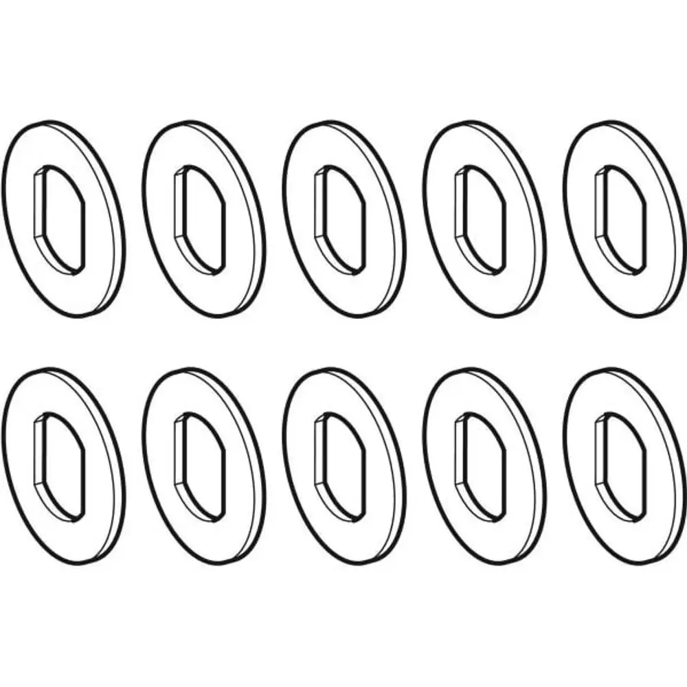 Zehn Unterlegscheiben in ovaler Form, dargestellt in schwarz-weiß, mit einfacher geometrischer Struktur. Geberit-Produkte im Sortiment für Sanitärinstallation.