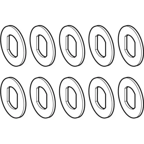 Zehn Unterlegscheiben in ovaler Form, dargestellt in schwarz-weiß, mit einfacher geometrischer Struktur. Geberit-Produkte im Sortiment für Sanitärinstallation.