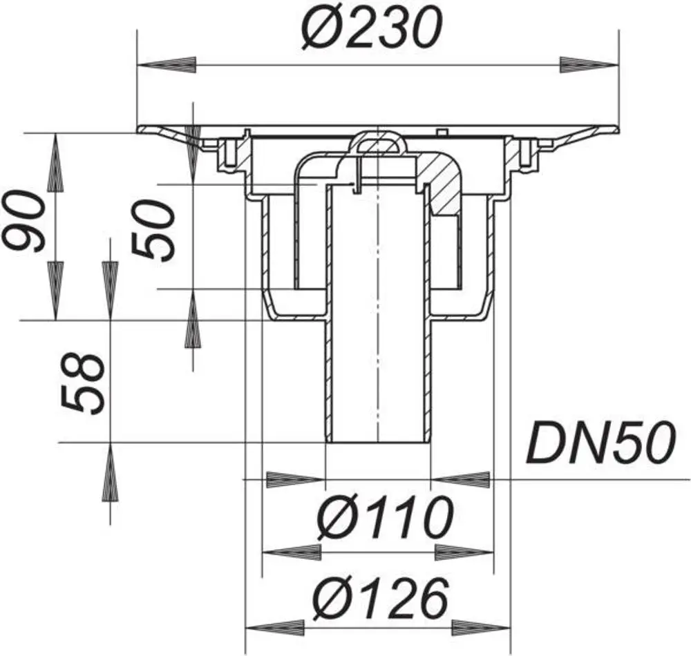 Schematische Darstellung eines Dallmer Ablaufgehäuses mit verschiedenen Durchmessern und Höhen. Technische Zeichnung mit Maßangaben für Installation und Montage.