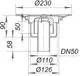 Schematische Darstellung eines Dallmer Ablaufgehäuses mit verschiedenen Durchmessern und Höhen. Technische Zeichnung mit Maßangaben für Installation und Montage.