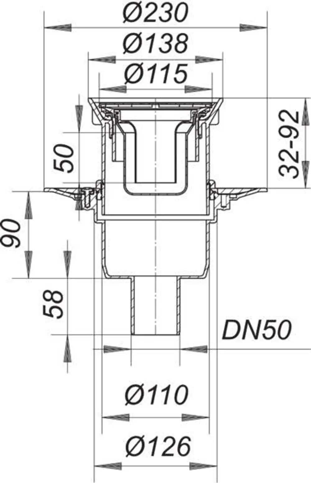Dallmer Bodenablauf mit einem Durchmesser von 230 mm und einer Anschlussgröße von DN 50, mit verschiedenen Durchmessern für die Wasserführung.