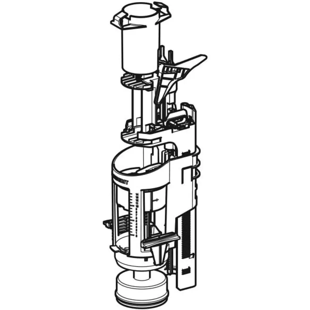Geberit Heberglocke mit Zwei-Mengen-Spülungssystem, montiert in einer transparenten Gehäusekonstruktion, zeigt die inneren Komponenten der Wasserleitung und Mechanik.