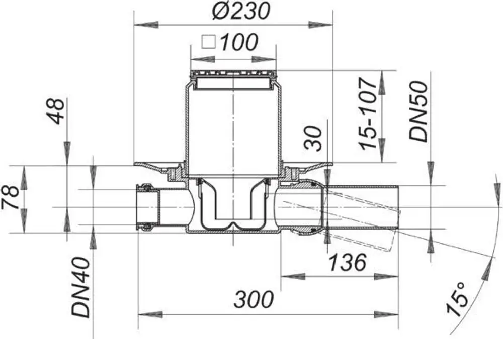 Dallmer Bodenablauf mit Anschlussmöglichkeiten für DN 40 und DN 50. Das gerundete Design zeigt eine zentrale Ablauföffnung und mehrere wasserdichte Verbindungen.
