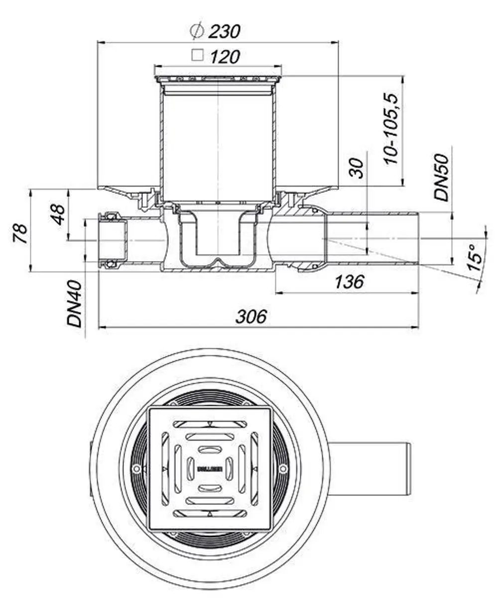 Dallmer Bodenablauf mit rechteckigem Design, klaren Abmessungen, seitlichen Zuläufen DN 40 und DN 50, montiert auf einem grauen Unterbau. 