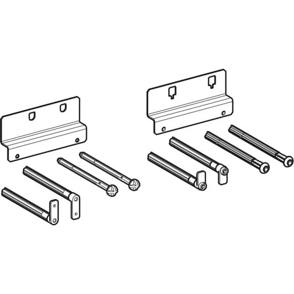 Geberit Montageset bestehend aus zwei Halterungen, Schrauben und Anbauteilen für die Installation von Designplatten, dargestellt mit verschiedenen Befestigungselementen.